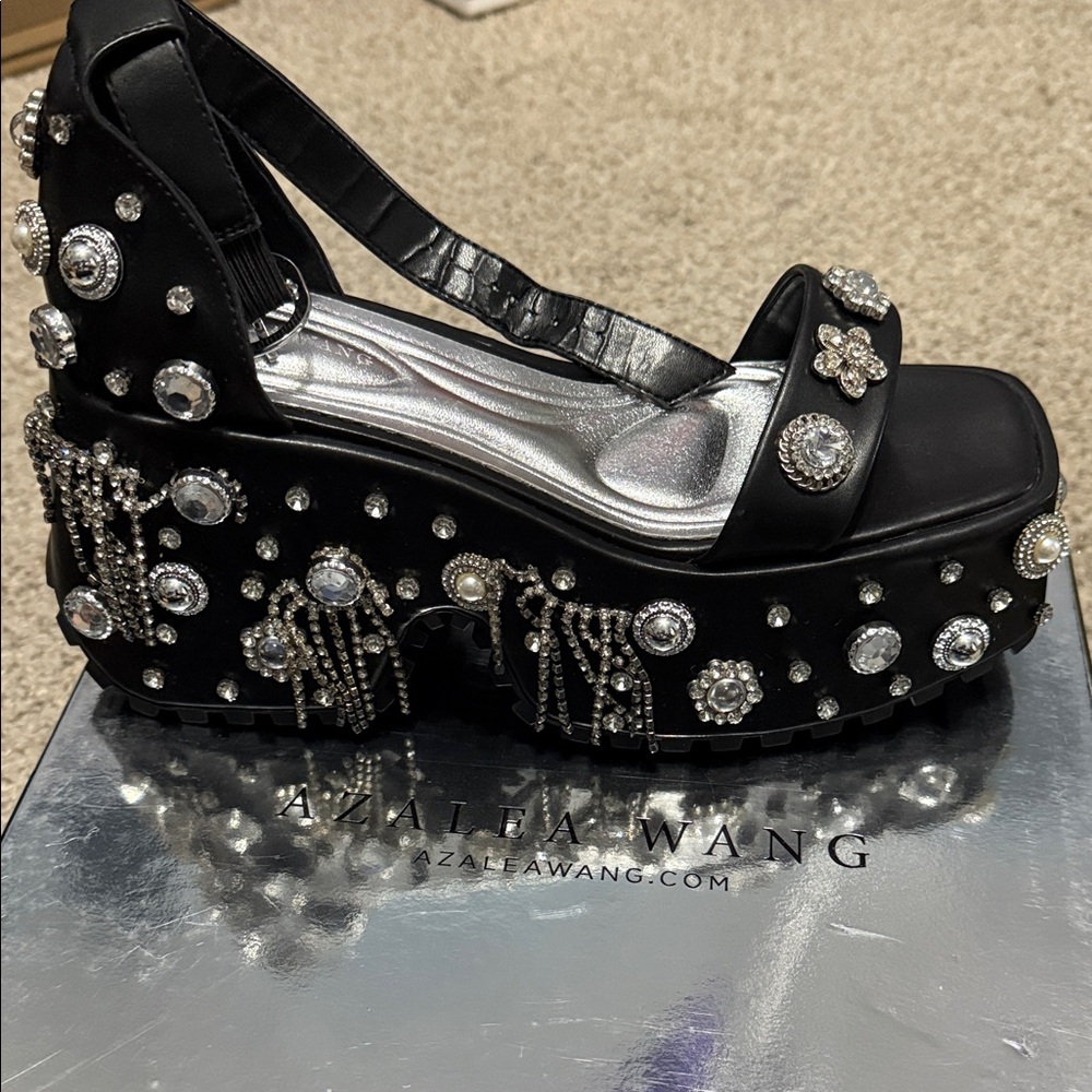 Azalea Wang Black and Silver Embellished Platform Shoes